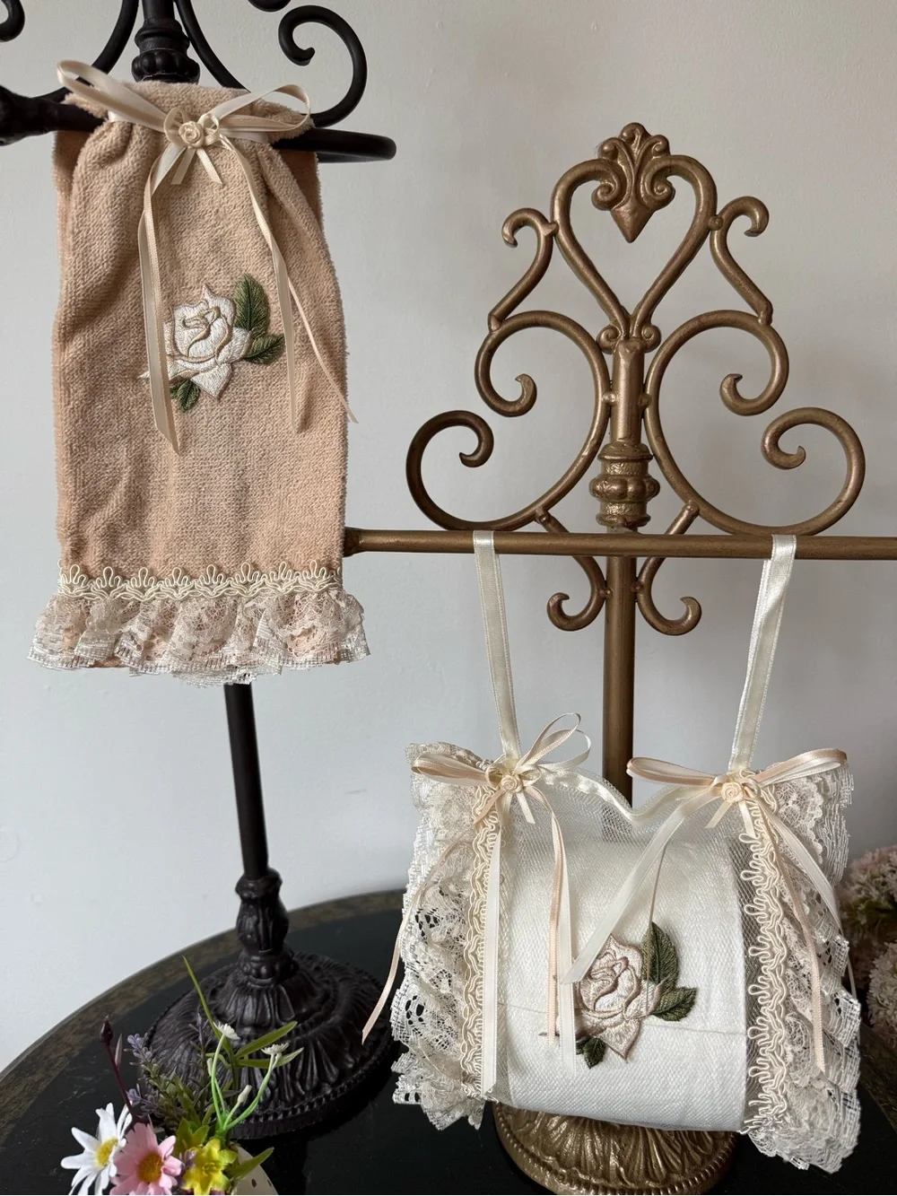 Hand Crafted Beige and Ivory Lace Toilet Paper Sachet & Hand Towel Set